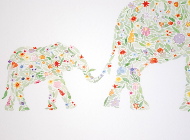 Mama and Baby Elephant Floral Watercolor Print Mom and Baby Animal Nursery Elephant Nursery Elephant Artwork image 4