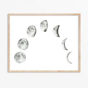 Moon Phase Watercolor Art Print - Neutral Home Decor - Black and White Artwork - Moon Painting