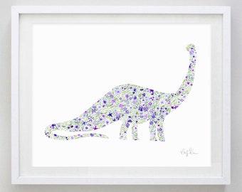 Dinosaur Brontosaurus Watercolor Art Print in Purple Flowers - Dino Kids Room - Dinosaur Girls Room - Dinosaur Gift - Floral Dinosaur
