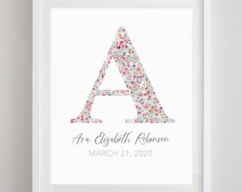 Monogram Pink Custom Watercolor Art Print - With Name - Custom Baby Gift - Birth Announcement - Wedding Guestbook - Floral Nursery Art