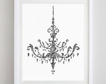 Chandelier Black and White Floral Watercolor Print