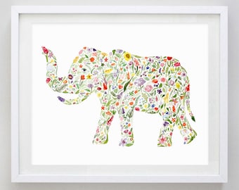 Elephant Floral Watercolor Art Print - Elephant Nursery - Elephant Artwork