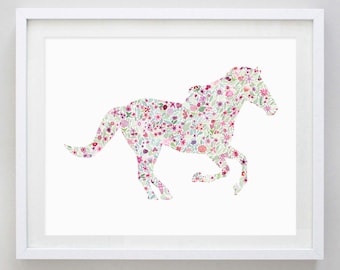 Pink Horse Floral Watercolor Art Print - Horseback Rider - Animal Gift - Horse Girls Room