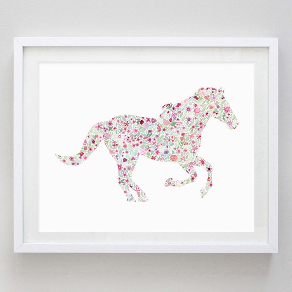Pink Horse Floral Watercolor Art Print - Horseback Rider - Animal Gift - Horse Girls Room