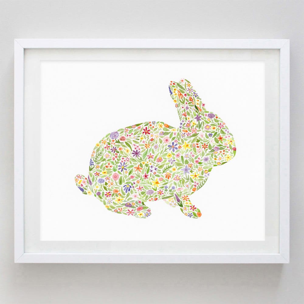 Bunny Floral Watercolor Art Print Etsy