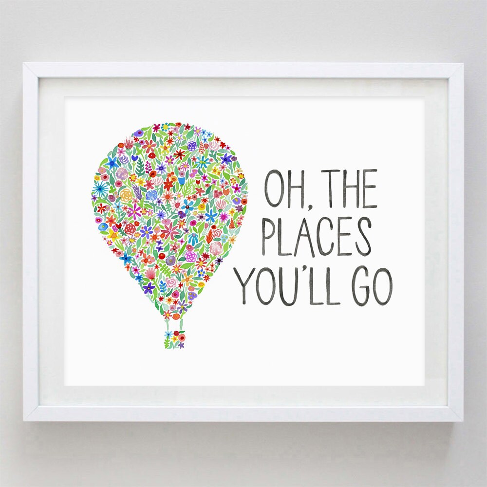 Oh the Places You'll Go Hot Air Balloon Floral Watercolor | Etsy