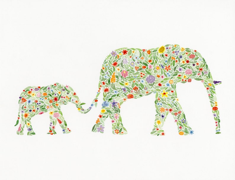 Mama and Baby Elephant Floral Watercolor Print Mom and Baby Animal Nursery Elephant Nursery Elephant Artwork image 2