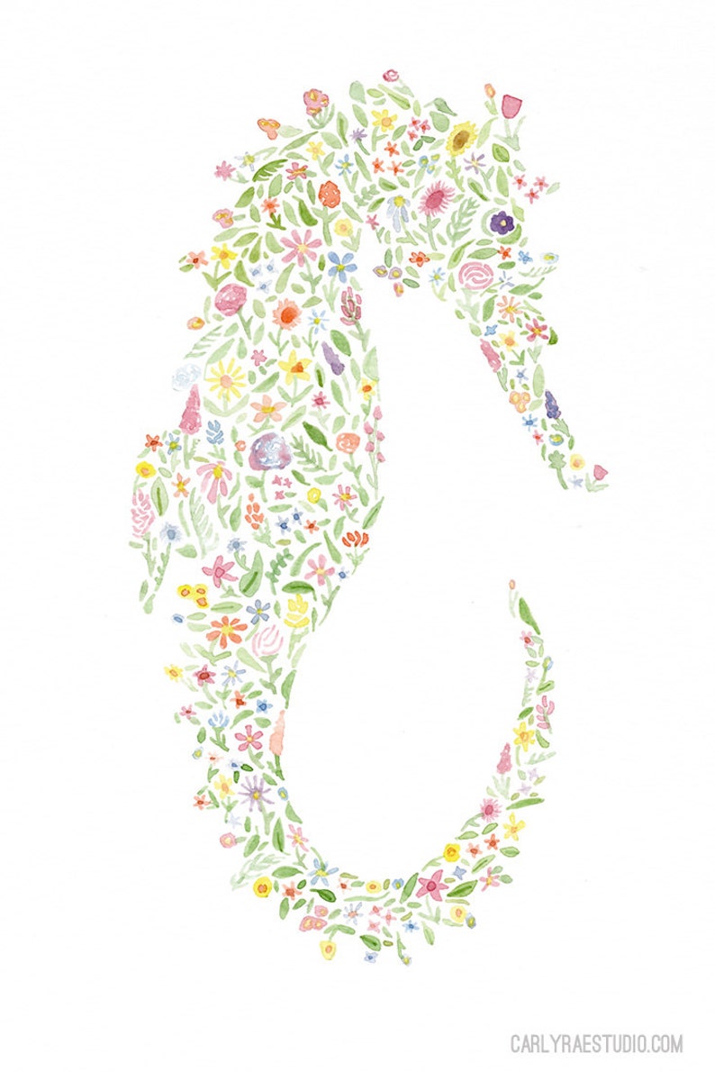 Seahorse Floral Watercolor Art Print image 2