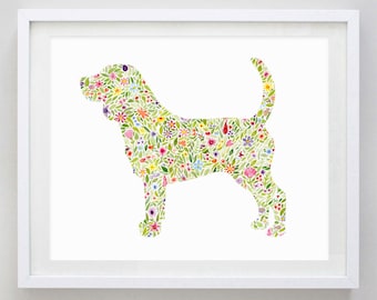 Beagle Floral Dog Watercolor Print - Dog Gift - Dog Breed - Puppy Art - Dog Lover Artwork