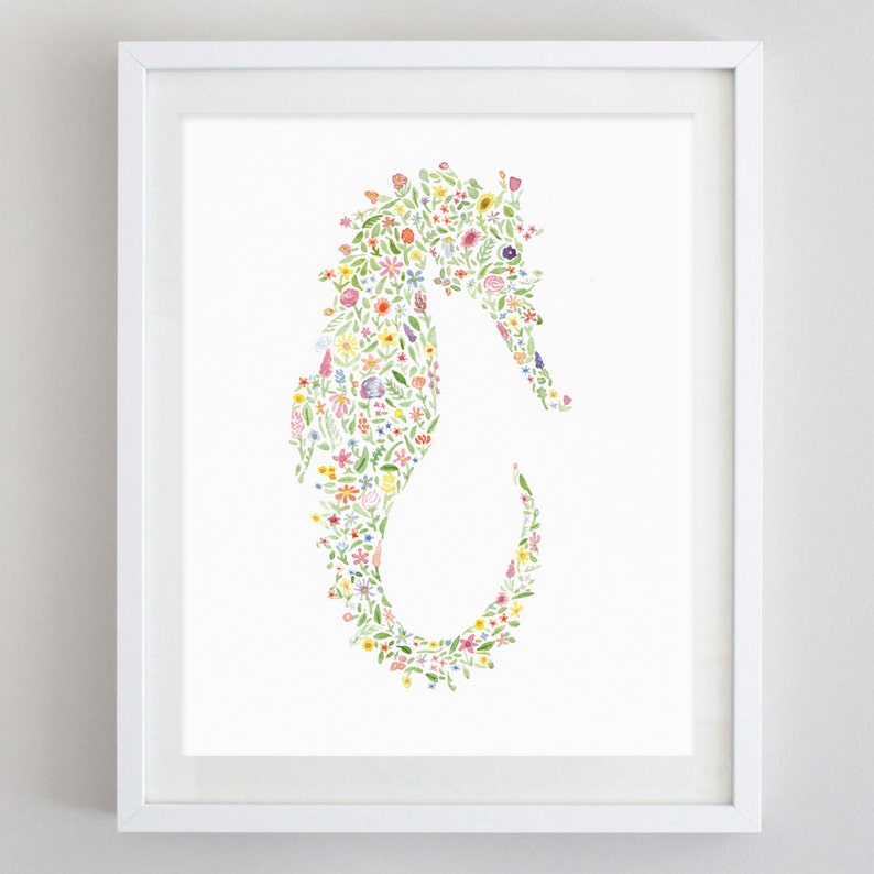 Seahorse Floral Watercolor Art Print image 1