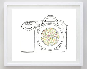 Camera Floral Watercolor Art Print