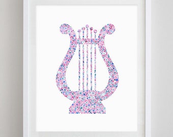 Golden Lyre Watercolor Print - Custom Lyre Artwork - Lyre Painting - Lyre Gift - Lyre Girls Room - Pink Girls Room