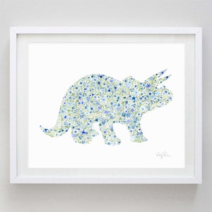 Dinosaur Triceratops Watercolor Art Print in Flowers - Dino Kids Room - Dinosaur Girls Room - Dinosaur Gift - Floral Dinosaur - Triceratops