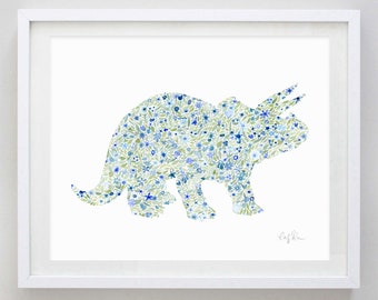 Dinosaur Triceratops Watercolor Art Print in Flowers - Dino Kids Room - Dinosaur Girls Room - Dinosaur Gift - Floral Dinosaur - Triceratops