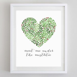 Mistletoe Christmas Watercolor Art Print - Holiday Decor - Christmas Decorating - Meet Me Under the Mistletoe - Christmas Quote