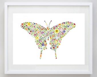 Butterfly Floral Watercolor Art Print - Nursery Artwork - Kids Room - Animal Painting - Butterflies