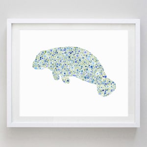 Manatee Floral Watercolor Art Print - Florida Animal - Beach House - Animal Nursery - Sea Life Painting