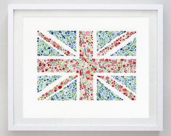 Union Jack Floral Watercolor Print - British Flag Artwork - England Gift - Watercolour Painting