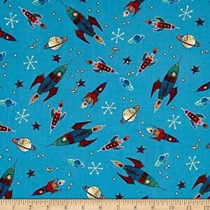 May include: A blue fabric with a repeating pattern of red, yellow, and green rockets, stars, and planets. The fabric is perfect for quilting, crafts, and home decor.