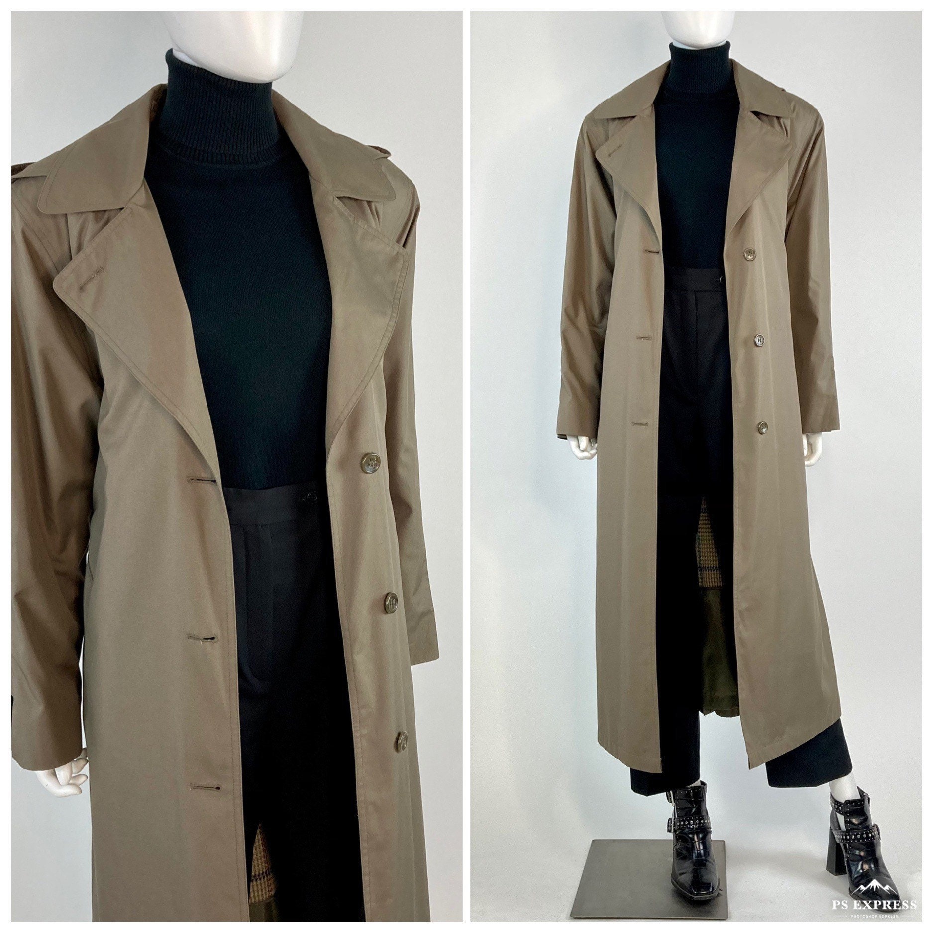 Vintage classic Khaki green belted hooded trench coat zip in Etsy