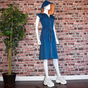 vintage 70s TAN zip up HOODED DRESS Medium toggle wood buttons floral print calico pockets disco dress 70s dress retro boho indie unique