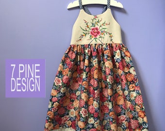 Embroidered child's dress #645,  Cotton upcycle sundress