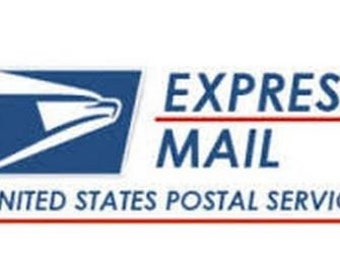 May include: A blue and white logo for the United States Postal Service, with the words "EXPRESS MAIL" in red and white. The logo features a stylized eagle with wings spread.