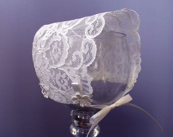 White Lace Bonnet #109, vintage corded lace, satin ribbons, sizes Preemie through Toddler 3