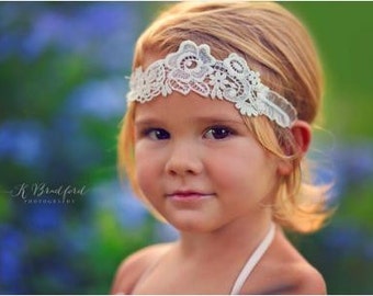 Childs Ivory Headband, Baby baptism headband, Ivory lace headband, Preemie  headband,  #901