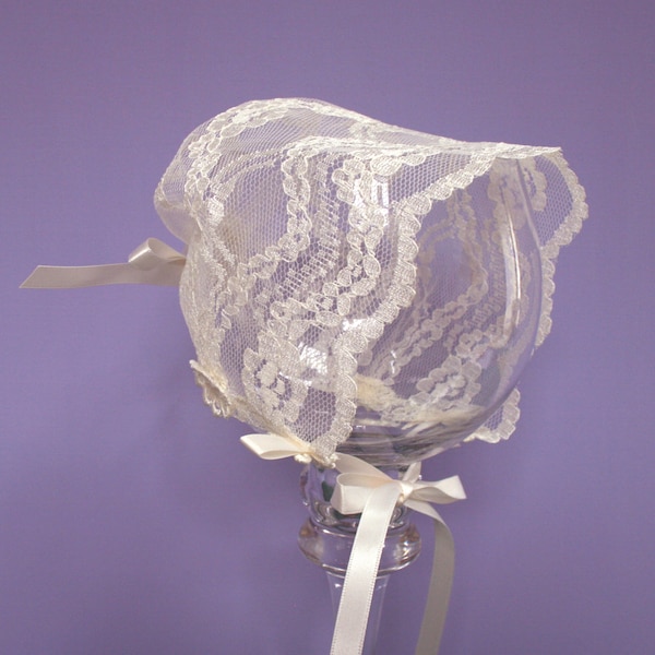 Ivory Lace  Bonnet #101, Baby Bonnet, vintage lace, satin ribbons, sizes Newborn through Toddler 3