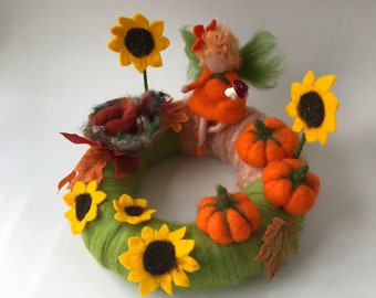 Autumn Table Wreath,Needle Felted,Waldorfart,Fall wreath,Late summer wreath,pumpkin,squirrel,Filzart, ,fairy ,pumpkins,sunflowers.