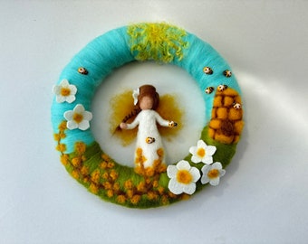 Wreath,beehive and Fairy,girl,Needle Felted,Waldorf-art.Wool,Filzart,Seasontable,Nursery,