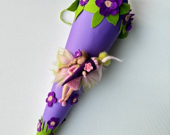 Schultüte mit Blumen und fee,Elfe,Schulelfe,Schulanfang,Einschulung,Filzart,Waldorf-art,Märchen schultüte,Zuckertüte