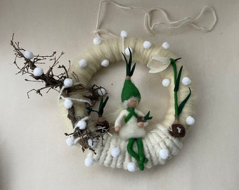 Snowdrop flower,Bulb,Fairy, Wreath,Spring,Winter,Needle Felted,Wool,Nature-table,Seasontable,Waldorf-art,Filzart,Kranz Gefilzt