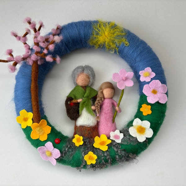 Mother earth, Flower child ,Wreath. Felted .Waldorf. Wall hanging.Spring.Seasontable.Filzart,Kranz Gefilzt