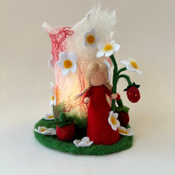 Candle Holder,Strawberry fairy,flowergirl,Flowers,Vase,Felted, Waldorfart,Filzart,Seasontable,Naturetable,Birthdaytable