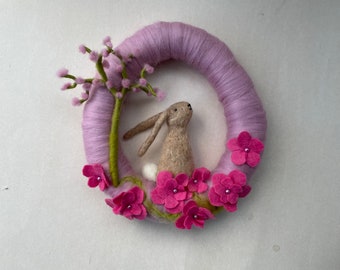 Spring Wreath with Easter bunny,Needle Felted,Waldorf-art,Wool,Filzart,Seasontable,Naturetable,Felted flowers,Jahreszeitentisch,Gefilzt