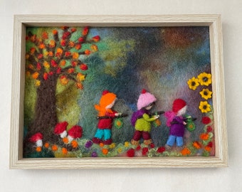 Wool Picture,Latern walk,Autumn,tapestry,Framed,3D,Wet felted,Needle Felted, Waldorf,Wall hanging