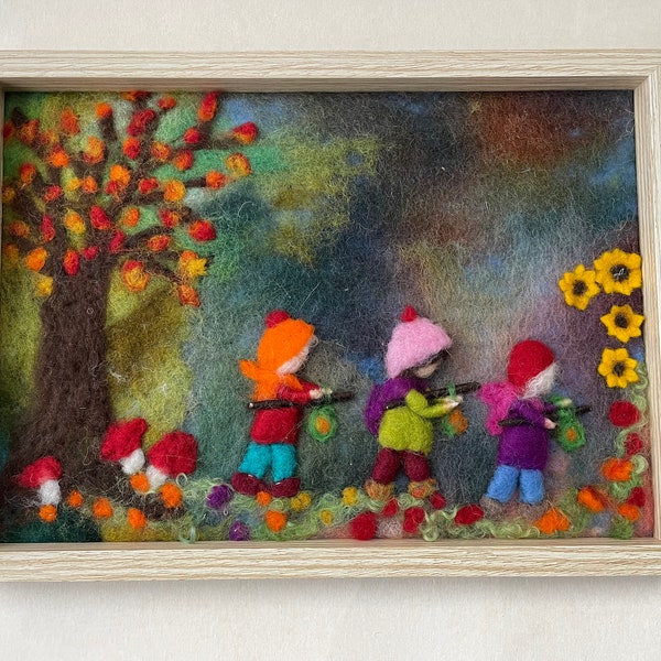 Wool Picture,Latern walk,Autumn,tapestry,Framed,3D,Wet felted,Needle Felted, Waldorf,Wall hanging