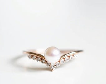 Pearl Engagement Zirconia Ring, Bridal Rose Gold Plated Ring, Bridal Gift, Wife Gift, Girlfriend Gift, Woman Gift