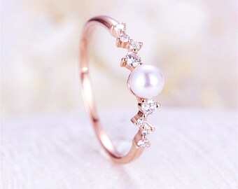 Engagement Akoya Pearl Rose Gold Plated Ring, Woman Gift, Bridal Ring Cubic Zirconia, Wedding, Wife Gift