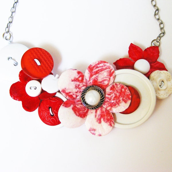 Red and White Textured Toile Vintage Button and Paper Flower Necklace