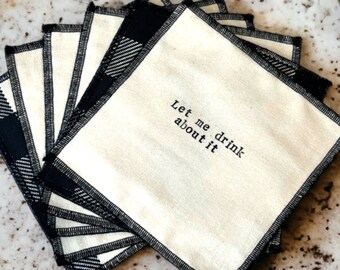 Black & White Sassy Cocktail Napkins - Cotton Linen Double Sided - Hand Printed - Bar Humor Phrases - Funny Drink Beverage Party Napkins