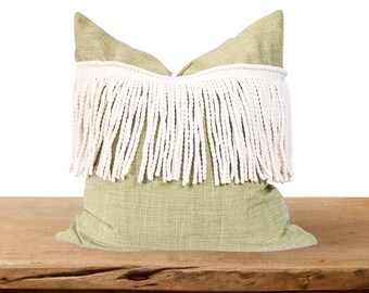 Sage Fringe Throw Pillow Cover, Green Olive Pillow, Tassle Fringe Decorative Pillow, Farmhouse Pillow Cover, for 20" x 20" square insert