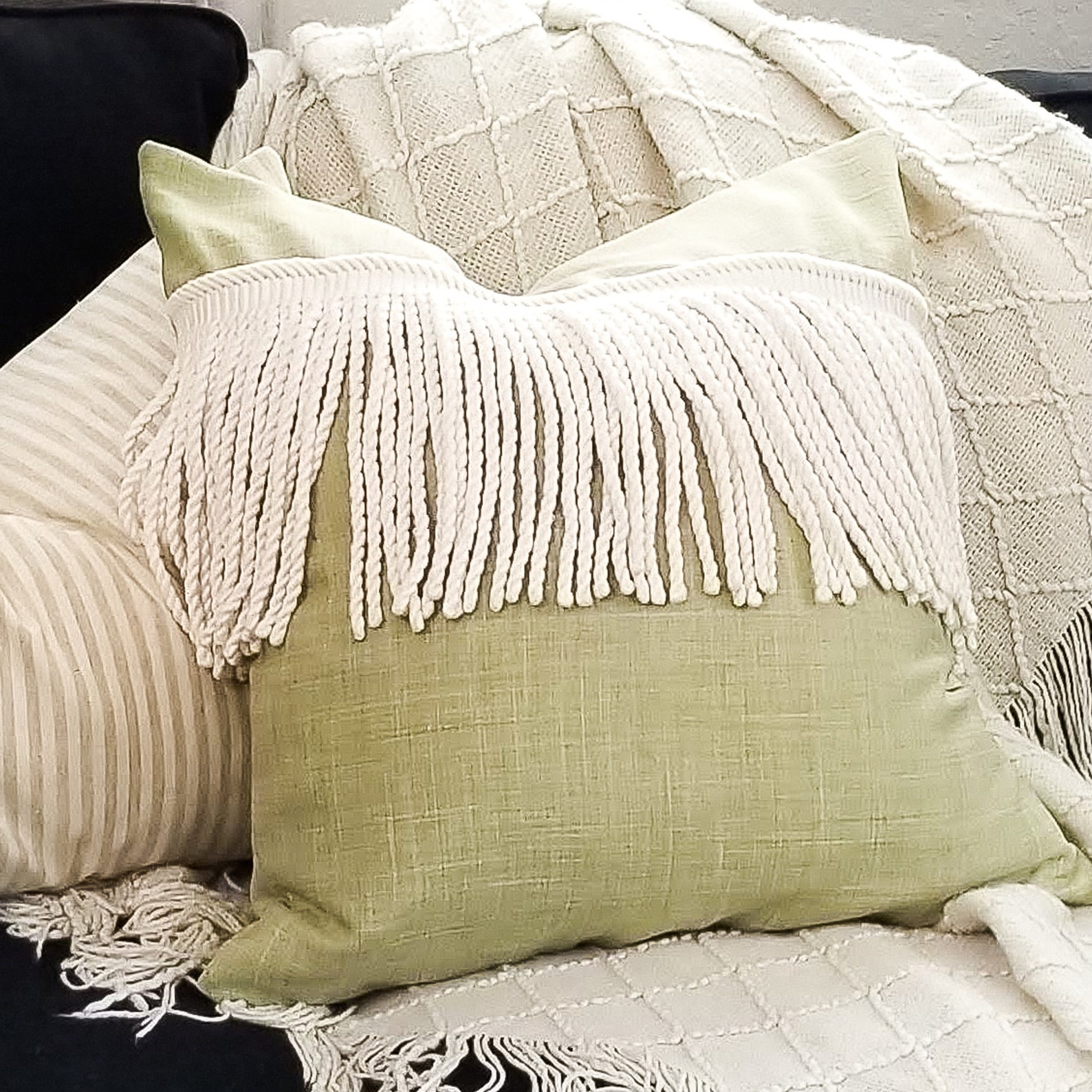 Sage Fringe Throw Pillow Cover Green Olive Pillow Tassle Etsy