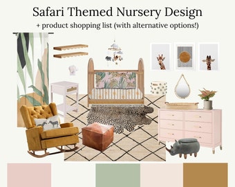 Baby Girl Safari Nursery Room Design & Shopping List - Interior Design - Pink Gold Green - Nursery Product Shopping Guide + Mood Board