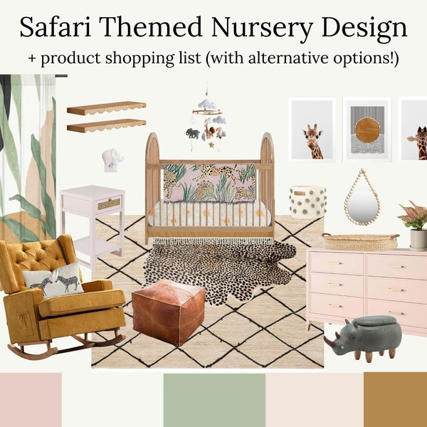 Baby Girl Safari Nursery Room Design & Shopping List - Interior Design - Pink Gold Green - Nursery Product Shopping Guide + Mood Board