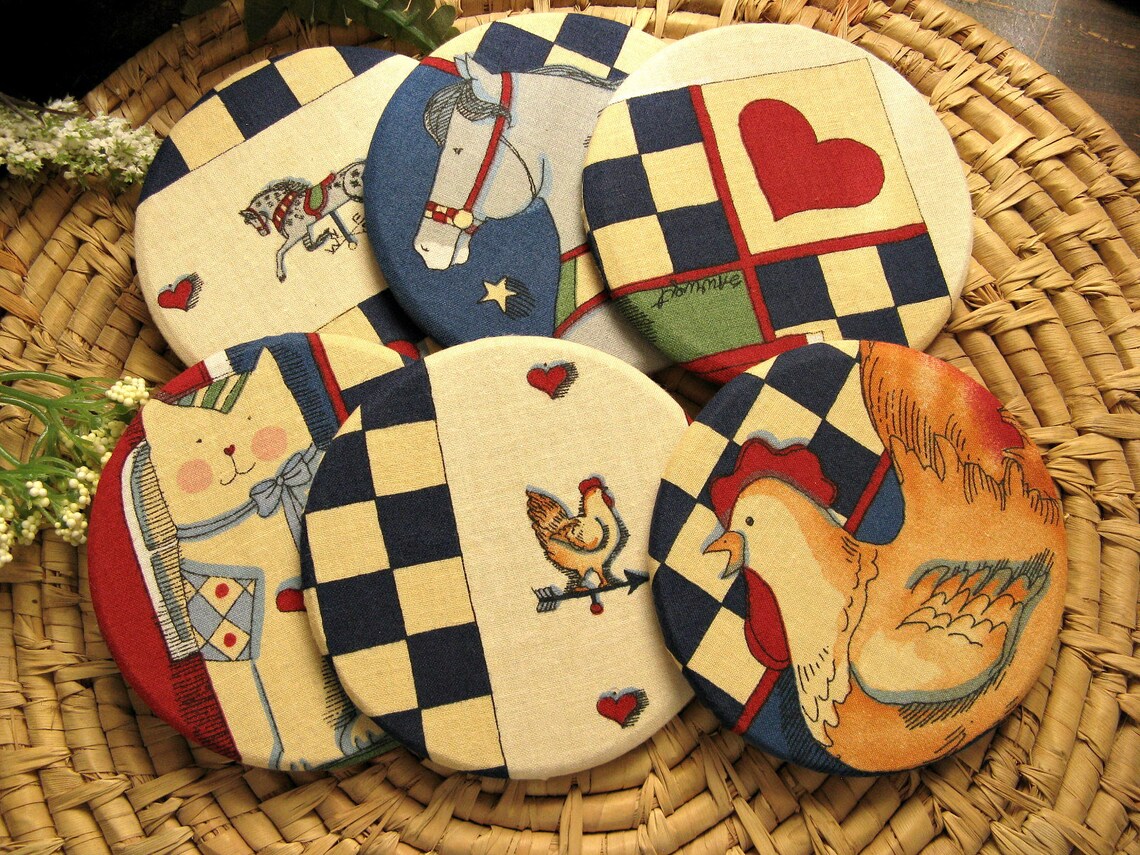 6 Country coasters. Assorted fabricwood & cork colorful Etsy