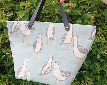 Handmade Seagull Tote bag (Blue) with real leather handles