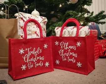 Personalised Red Glitter Christmas Eve Bag Jute Bag Christmas Eve Box 